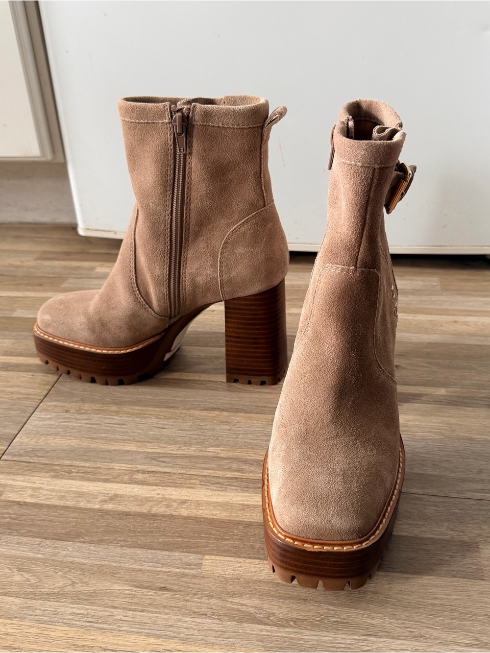 Steve Madden Summit Taupe Suede Platform Chunky Heel Ankle Boots, Women’s 6